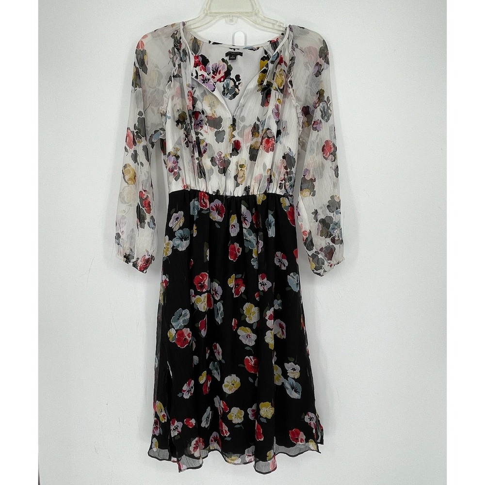Ann Taylor Women's Multicolor Floral Chiffon Long Sleeve Fit Flare Dress Size 8P